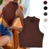 Women's Retro Sleeveless High Collar Crop Vest - Slim Fit, High Waist, Midriff-Baring, Elastic Design