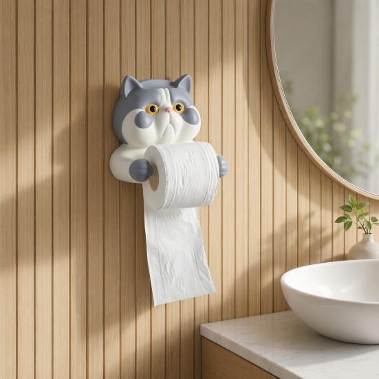 Toilet Paper Holder, Cat Shape Wall Mounted No Drilling Rack, with Phone Holder Multi-Purpose Bathroom Organizer