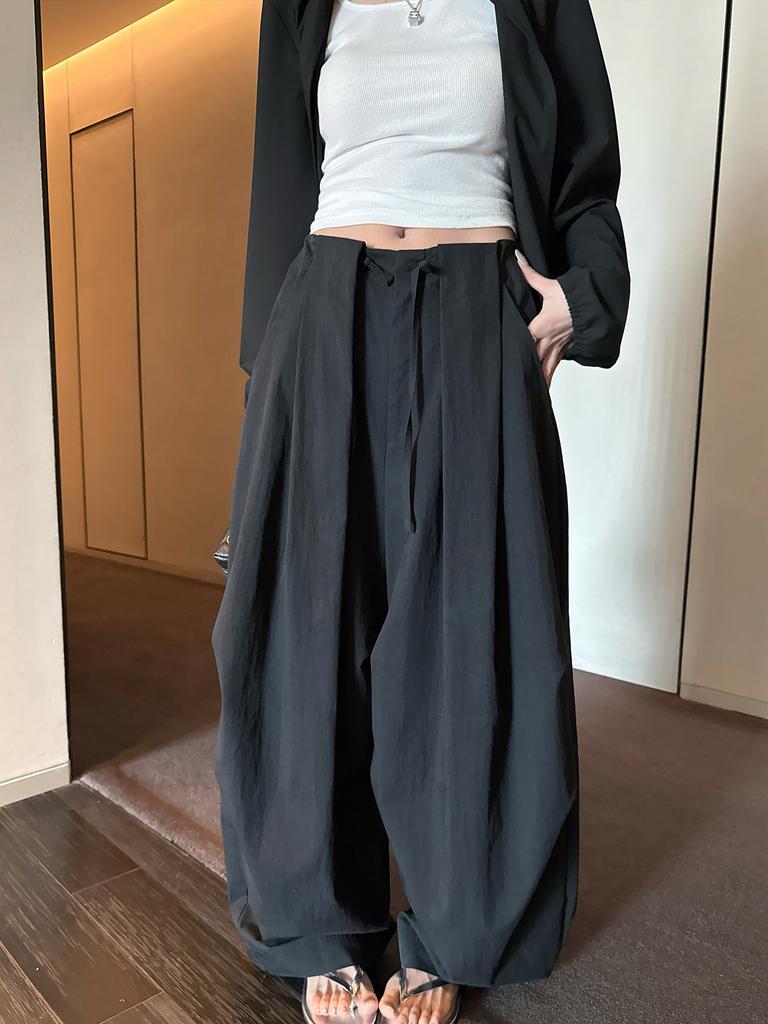 Womens White Drawstring Waist Wide Leg Pants Solid Color Casual Loose Fit Trousers