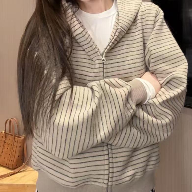 Dámská pruhovaná mikina s kapucí na zip pro raný podzim 2025 - Niche Líný styl, Ležérní volný kardigan
