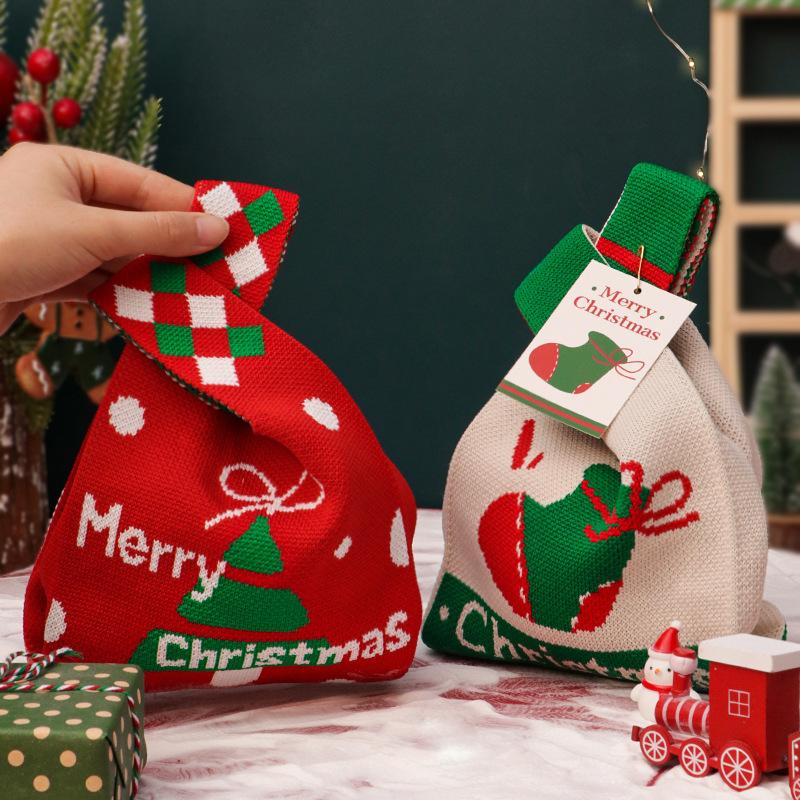 1Pc Santa Claus Knitted Tote Bag - Christmas Knot Wrist Handbag, Reusable Storage Bag for Candy Gift Packaging & Shopping
