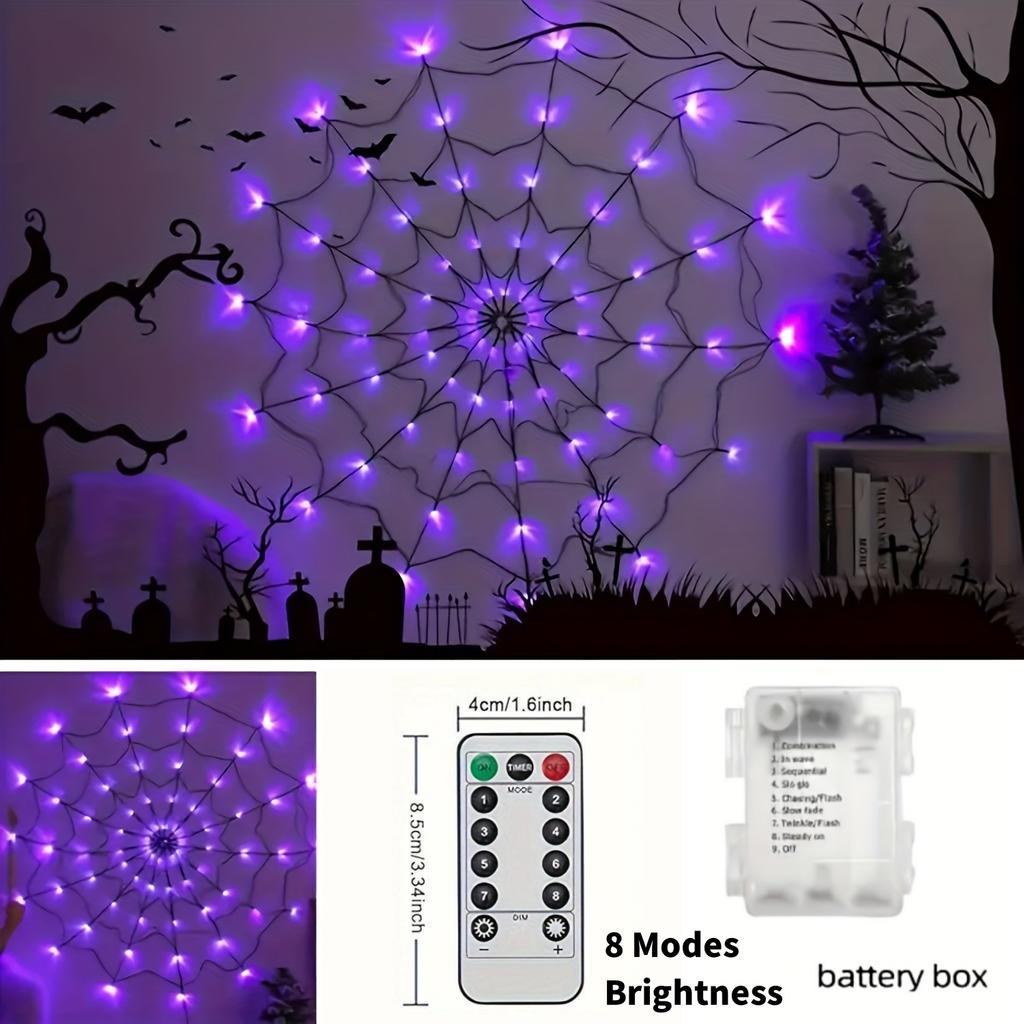 70LED Halloween Spider Web Lights Holiday Ambient Light with 8-Mode Remote Controlled for Horror Theme Party Garden Outdor Decor