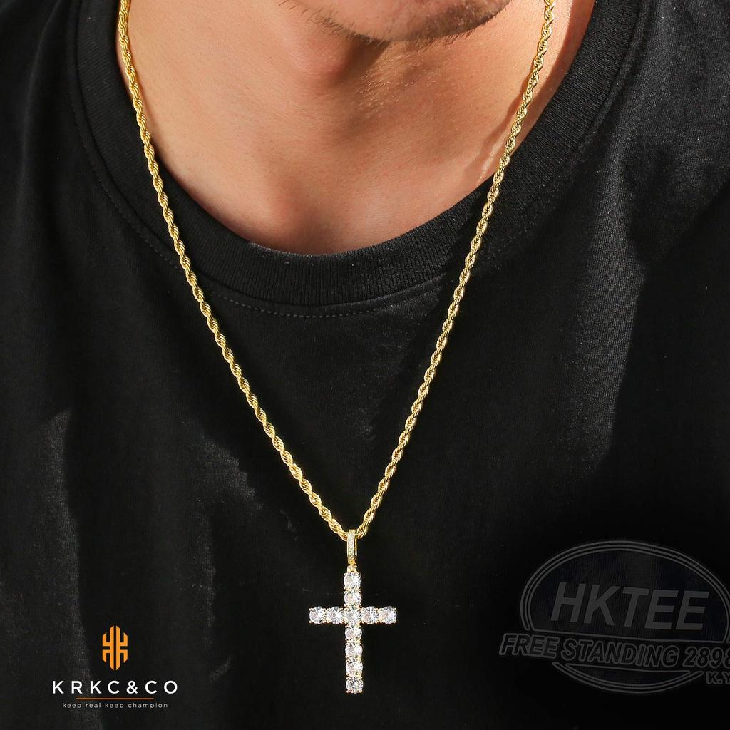 Cross Cross Pendant Top with Rope Chain Large CZ 14K Gold Gift KRKC&CO Necklace, [2-Piece Set] Diamond, Zirconia, Plated, Men's Accessories, Stylish,