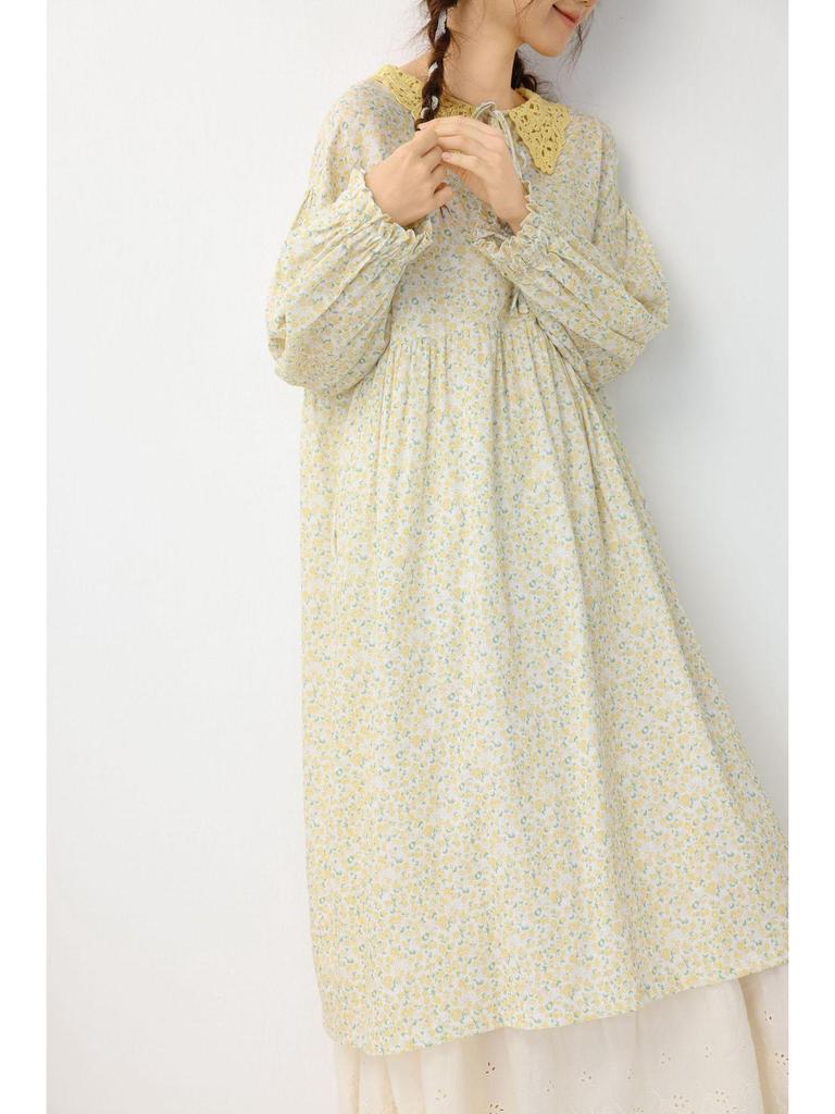 Women's Floral Print Lace-up Doll Collar Cotton Linen Long Sleeve Loose Plus Size Spring Dress