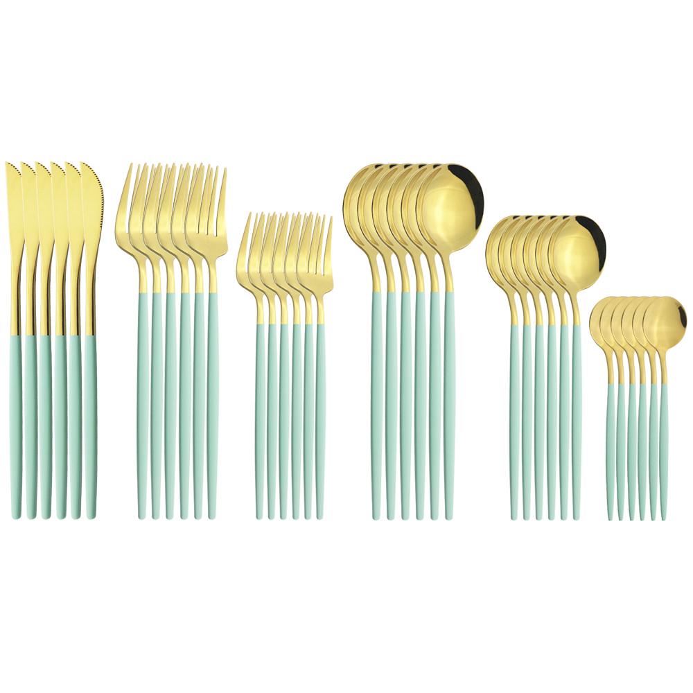 Western 36Pcs Black Gold Cutlery Set Mirror Silverware Stainless Steel Dinnerware Knife Cake Fork Spoon Tableware Flatware Kitchen Wedding Accessories