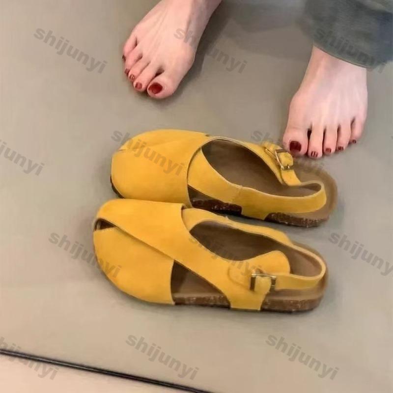Sandali da Donna alla Moda Estivi 2025 Nuovi Moda Vintage Lusso Bottone Quadrato Scarpe Piatte Traspiranti Comode Antiscivolo Romane Casual