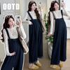 Spring Korean Loose Casual Denim Overalls + Printed Base Layer Top Trendy Mom Set