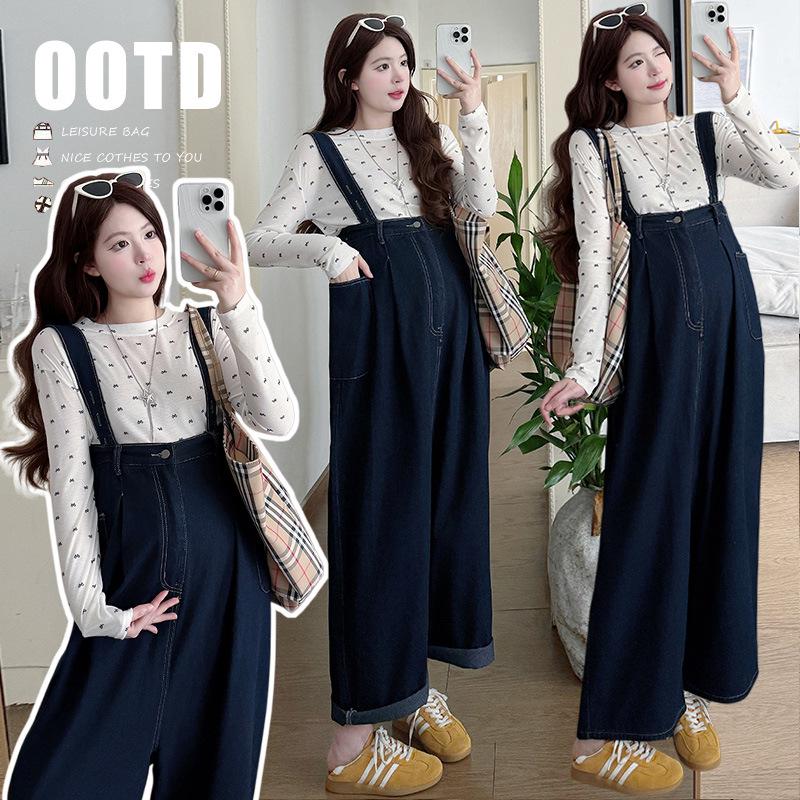 2026 Spring Casual Korean Maternity Two-Piece Set: Polka Dot Long Sleeve T-shirt + Loose Overalls 2XL