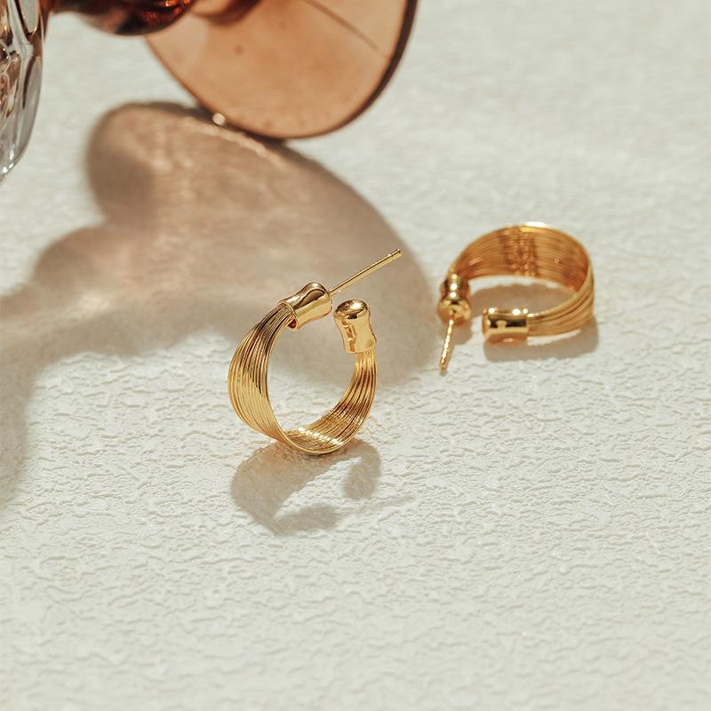 Vintage Metal Textured Gold Plated Multi Layer Circle C Shape Earrings