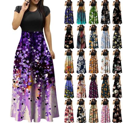Summer Dresses For Women 2023 Fashion Casual Floral Print Round Neck Short-Sleeved Large Size Maxi Dresses