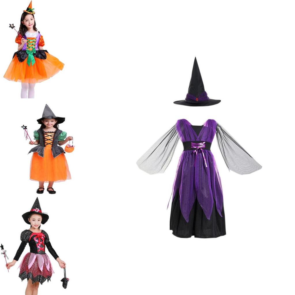 Adorable Children Halloween Witch Costume Gown For Girls With Stylish Bow Design