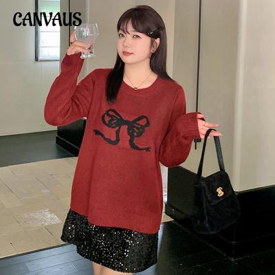 Plus Size Women's Embroidery Bow Sweater Women Round Neck Tops Autumn and Winter Loose Knitwear