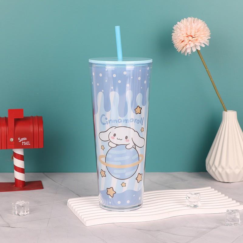 700ml Double Wall Plastic Tumbler With Straw Cartoon Design Adults - Yellow Green Pink Clear Purple Blue