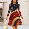 Women Plus Size Round Neck Long Sleeve Midi Dress Glitter Star Fireworks Swirl Print High Waist Swing Dress