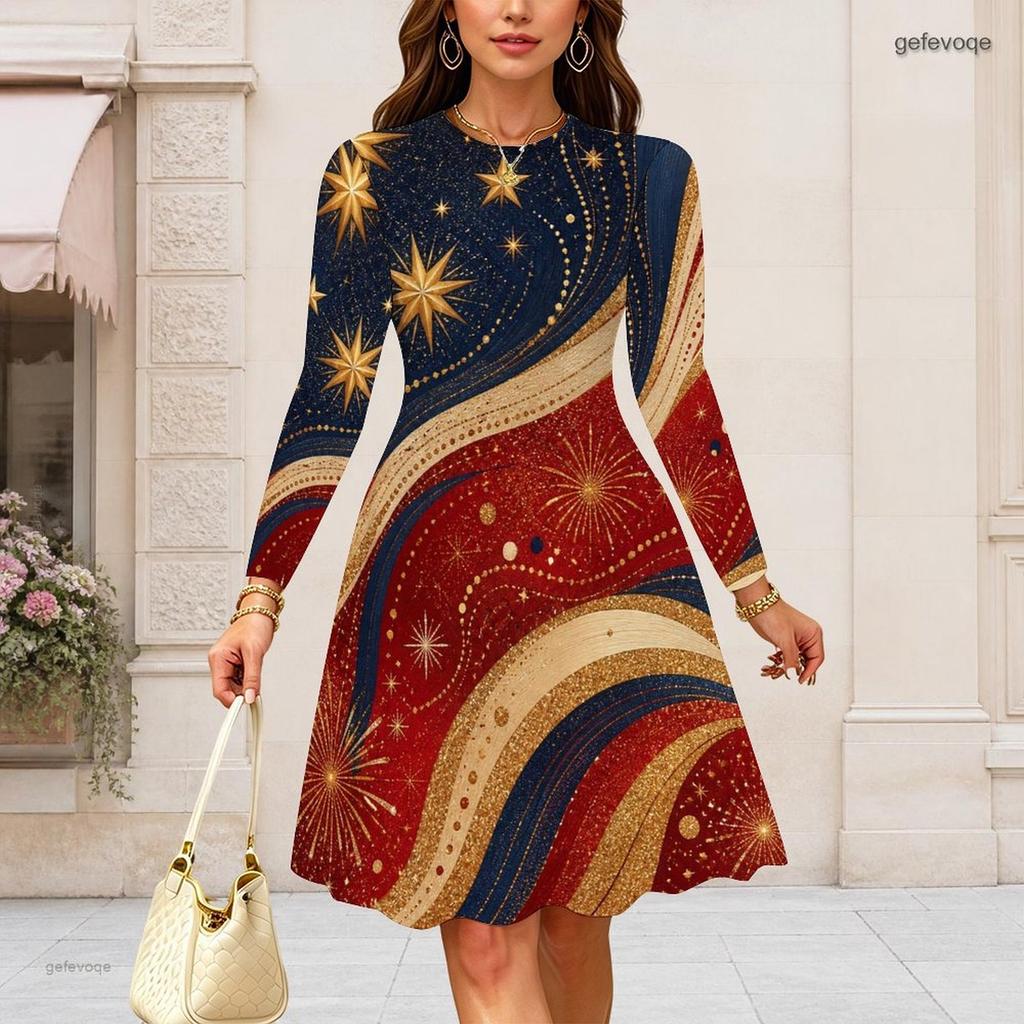 Women Plus Size Round Neck Long Sleeve Midi Dress Glitter Star Fireworks Swirl Print High Waist Swing Dress