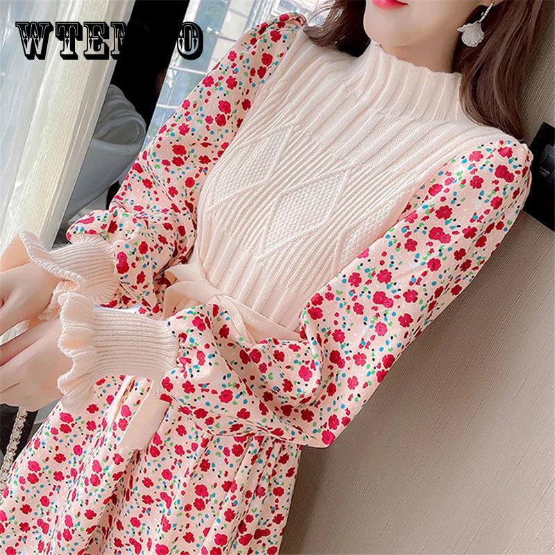 Autumn Sweater Dresses for Women Winter Splicing Pullover Bandage Slim Knitting Dress Sweet Corduroy Floral Print Dress