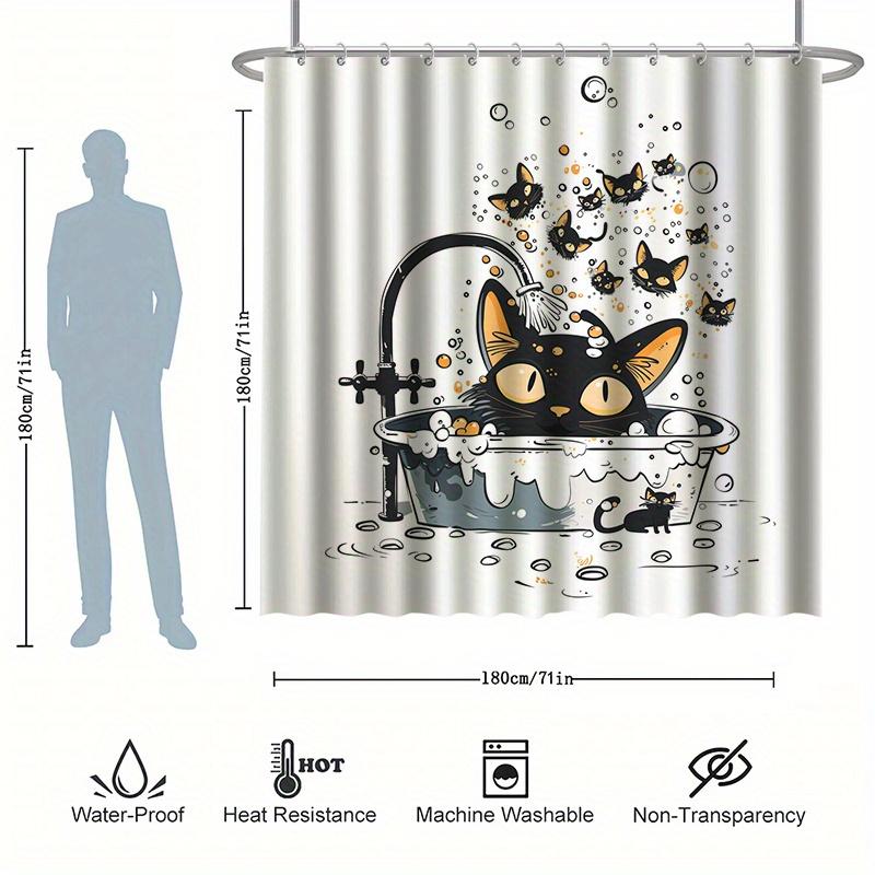 Cute Cat Shower Curtain Set - Cartoon Style, Cat Bathing Pattern, Includes 12 Hooks, Polyester Fabric, Modern Bathroom Decor