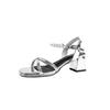 Sommer neue Dicke Ferse Ein-Wort Schnalle Sandalen Damen Silber High Heel Perle Vielseitige Sandalen Damen
