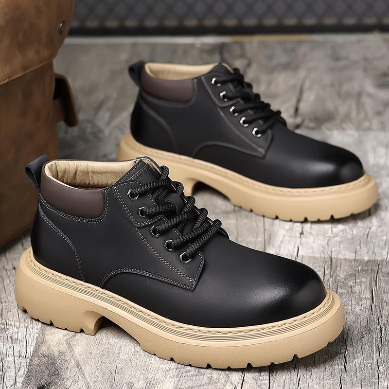 

Мужские туфли с кожаной отделкой 2025 новая осень и зима британские ретро высокие модные ботинки на толстой подошве увеличивающие рост повседневные ботинки Мартин 44 чёрный