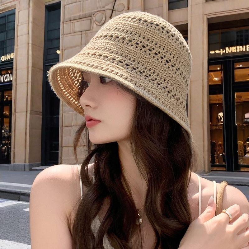 Summer Hollow Bucket Hat Women's Knitted Bucket Sunscreen Hat Woven Basin Hat Fashion Visor Versatile Sun Hat