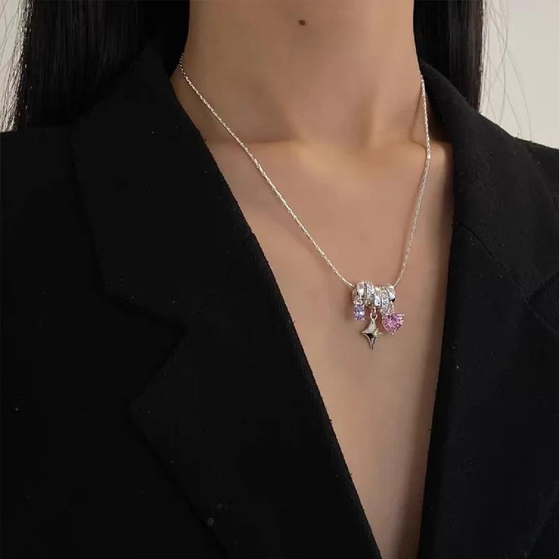 

Punk Sweet and Cool Crystal Heart Pendant Necklace for Women Korean Fashion Stainless Steel Chain Star Chokers Jewelry Gift
