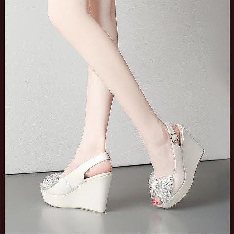 Wedge heel platform sandals summer new British style open-toed waterproof table high heels one-word buckle with rhinestone women's shoes