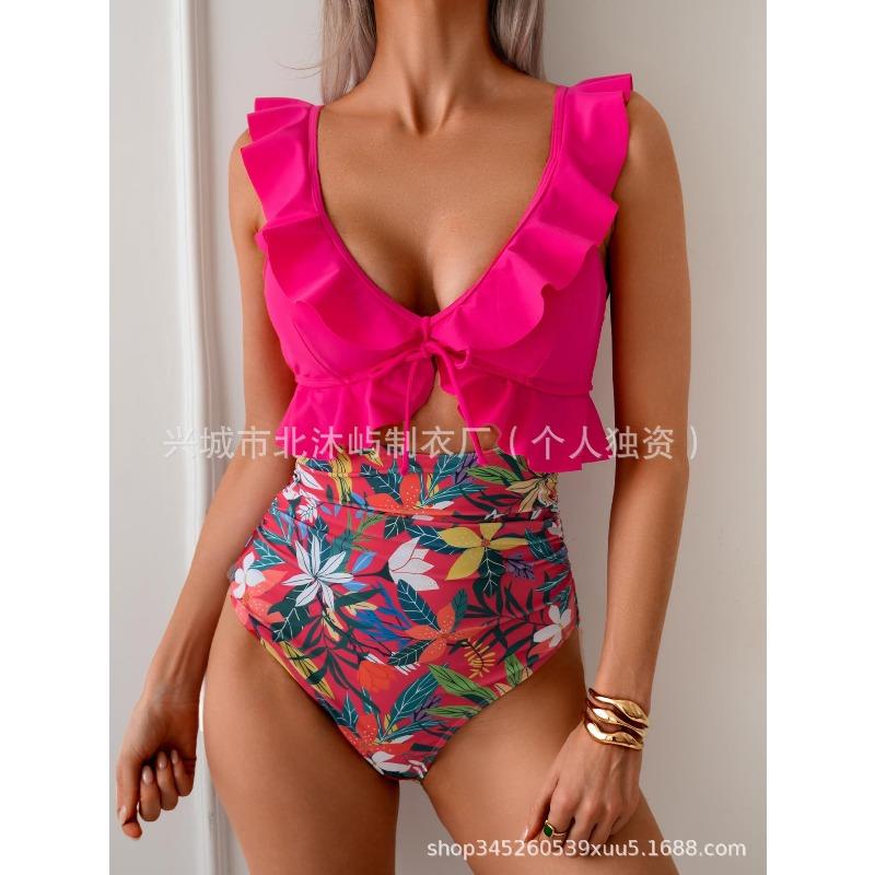 New women's one-piece belly pleated swimsuit V-neck pleated swimsuit Slim-fit hollow swimsuit women