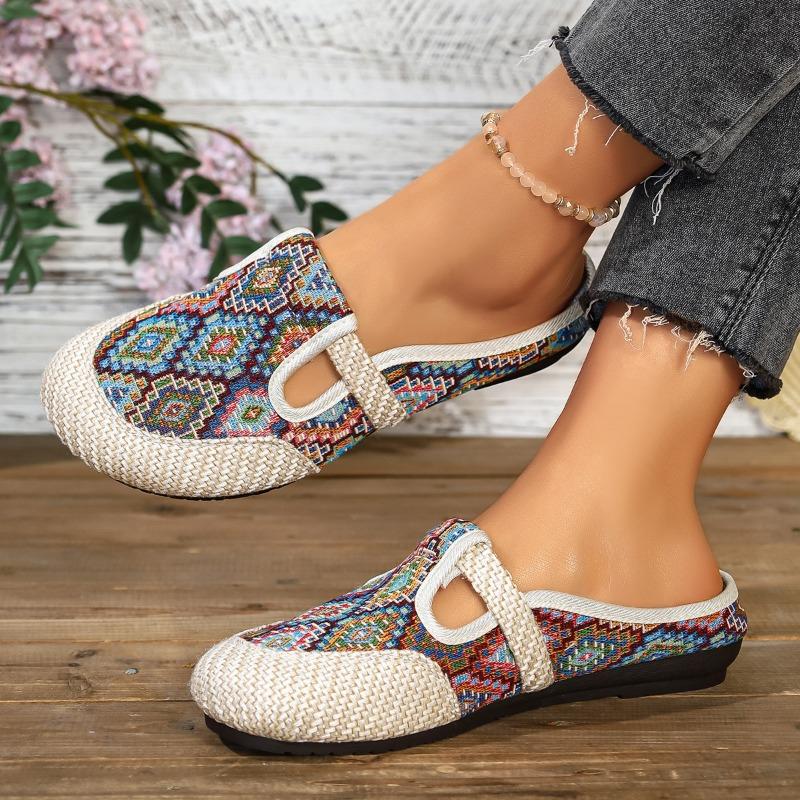 Ethnic Style Embroidered Shoes Linen Breathable Half Slippers For Women With Soft Soles Women's Cloth Shoes For One Foot