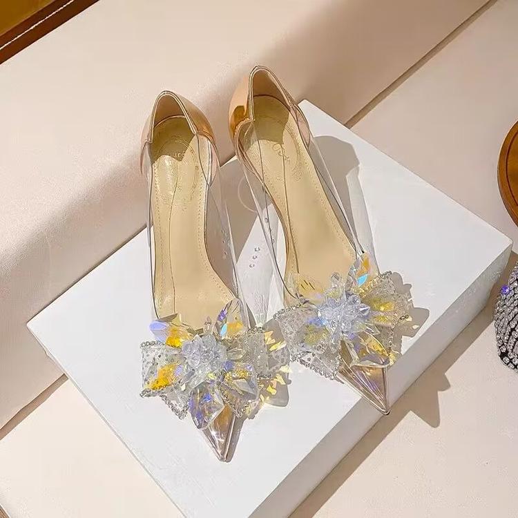 

French 2025 spring crystal transparent high heels women s thin heels pointed rhinestone bow champagne wedding shoes single shoes 34 серебряный