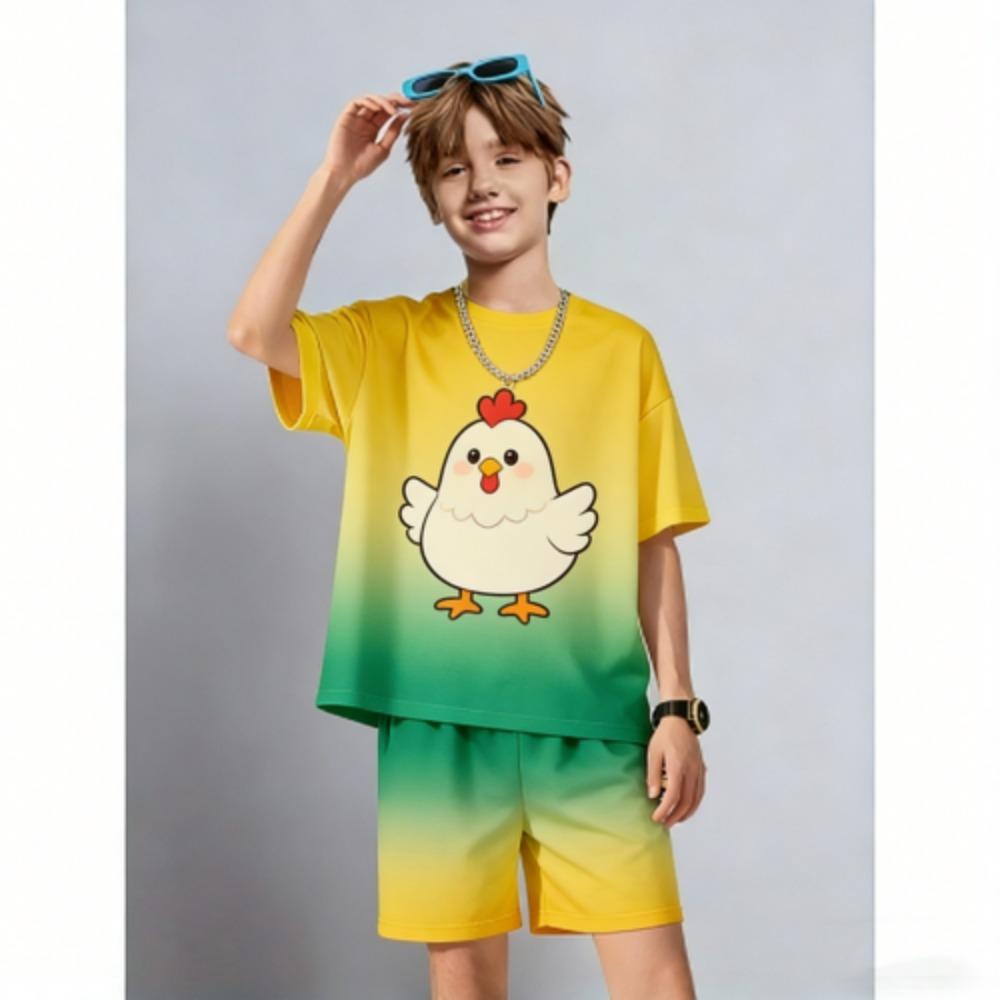 Men's Set Fun Cartoon Chicken Printed Men's T-shirt and Shorts 2 Piece Set Summer Casual Outdoor Men's and Women's Outfit Clothing