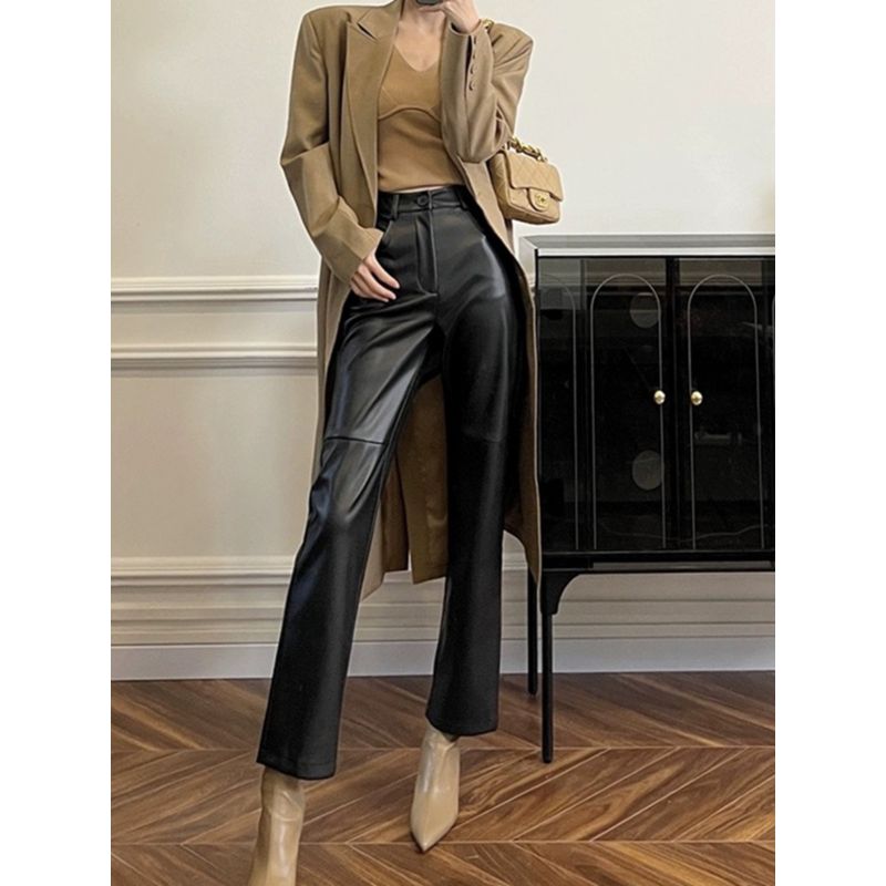 

Хайнин Натуральная кожа Модный стиль Кожаные брюки Женские 2025 Осень Приталенный Сигаретные Повседневные Овечья кожа Укороченные брюки Брюки Black XL