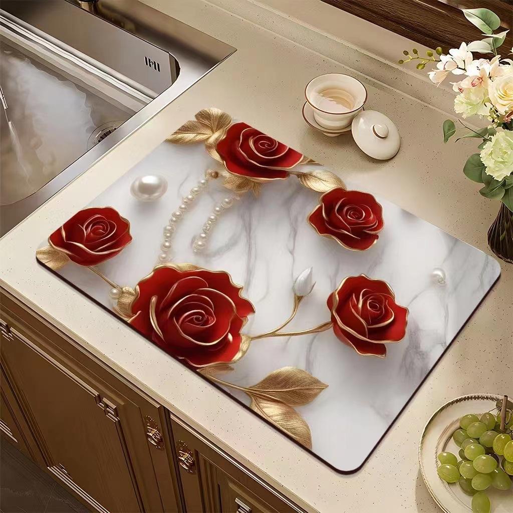 Tappetino Drenante Fiore Bianco Colorato, Motivo Floreale Centrale Blu e Rosso, Tappetino Asciugatura Antiscivolo in Silicone per Piano di Lavoro Cucina 1 Pezzo