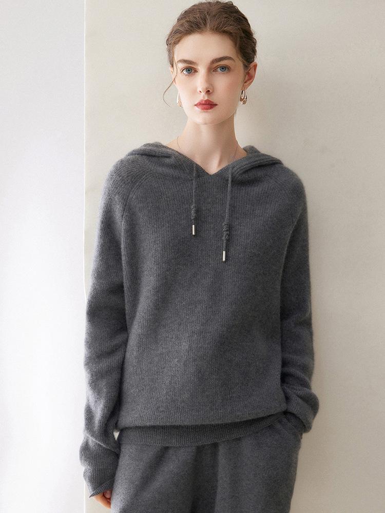Women's Loose Knit Cashmere-Style Hooded Pullover Sweater, Solid Color, Base Layer for Autumn.