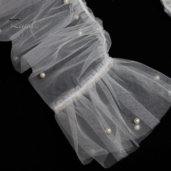 1 Pair Women Prom Arm Covers See-through Lace Faux Pearl Decor Thin Ruffle Pleated Fingerless Literary Style Performances Bride Wedding Photo Prop