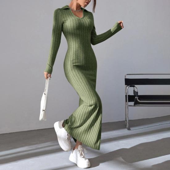 Rochie de primăvară de toamnă pentru femei, cu decolteu în V, cu tiv cu tăietură, cu mâneci lungi, până la gleznă, tricotată, elastică, rochie de petrecere pentru cumpărături