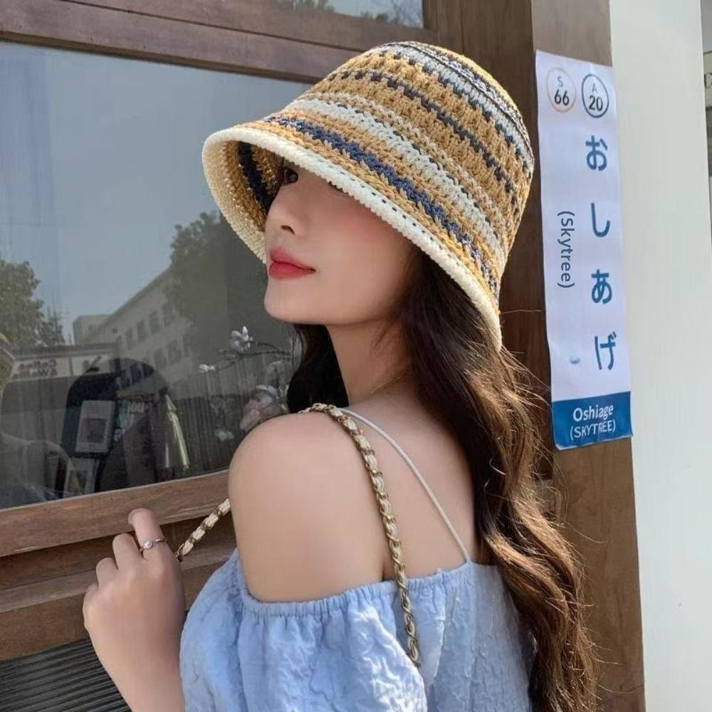 Striped Knitted Hollow Fisherman Hat UV Protection Breathable Straw Bucket Cap Big Eaves Multicolor Thin Sunshade Hat Summer