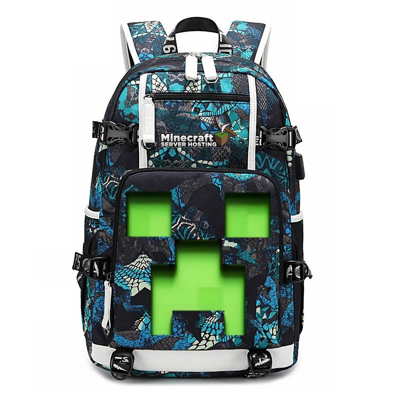 Minecraft Spiel Laptop Rucksack Outdoor Große Kapazität Reisetasche Wasserabweisend Studentenrucksack 48*32*15cm blau