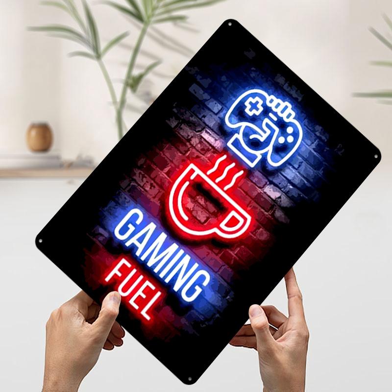 Gaming Fuel Neon Sign Tinplate Poster Customized Wall Art Vintage Retro Metal Signs for Mancave Decoration Room Desk Decor Home
