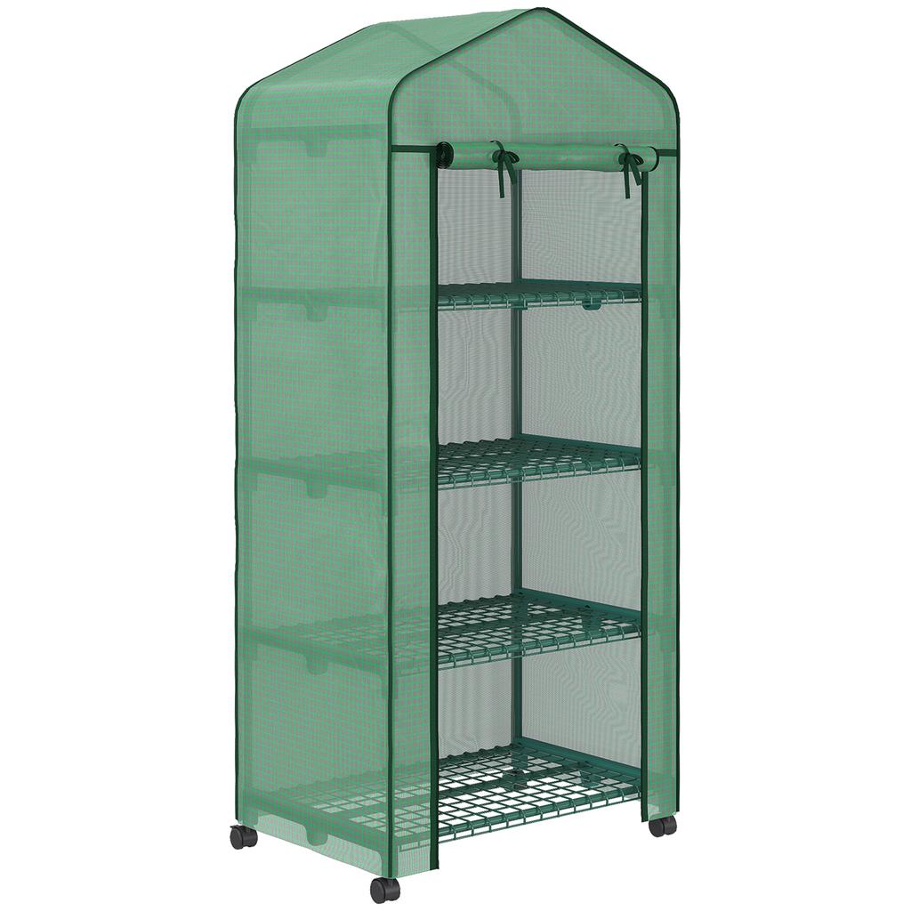 4 Tier Mini Portable Greenhouse Compact Plant Grow Shed Metal Frame PE Cover with Lockable Rolling Wheels , Green