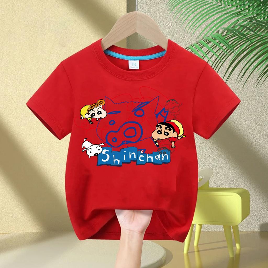 2026 New Summer Cotton Cartoon Crayon Shinchan Print TShirt Summer Fashion Casual Round Neck Cotton Childrens Top