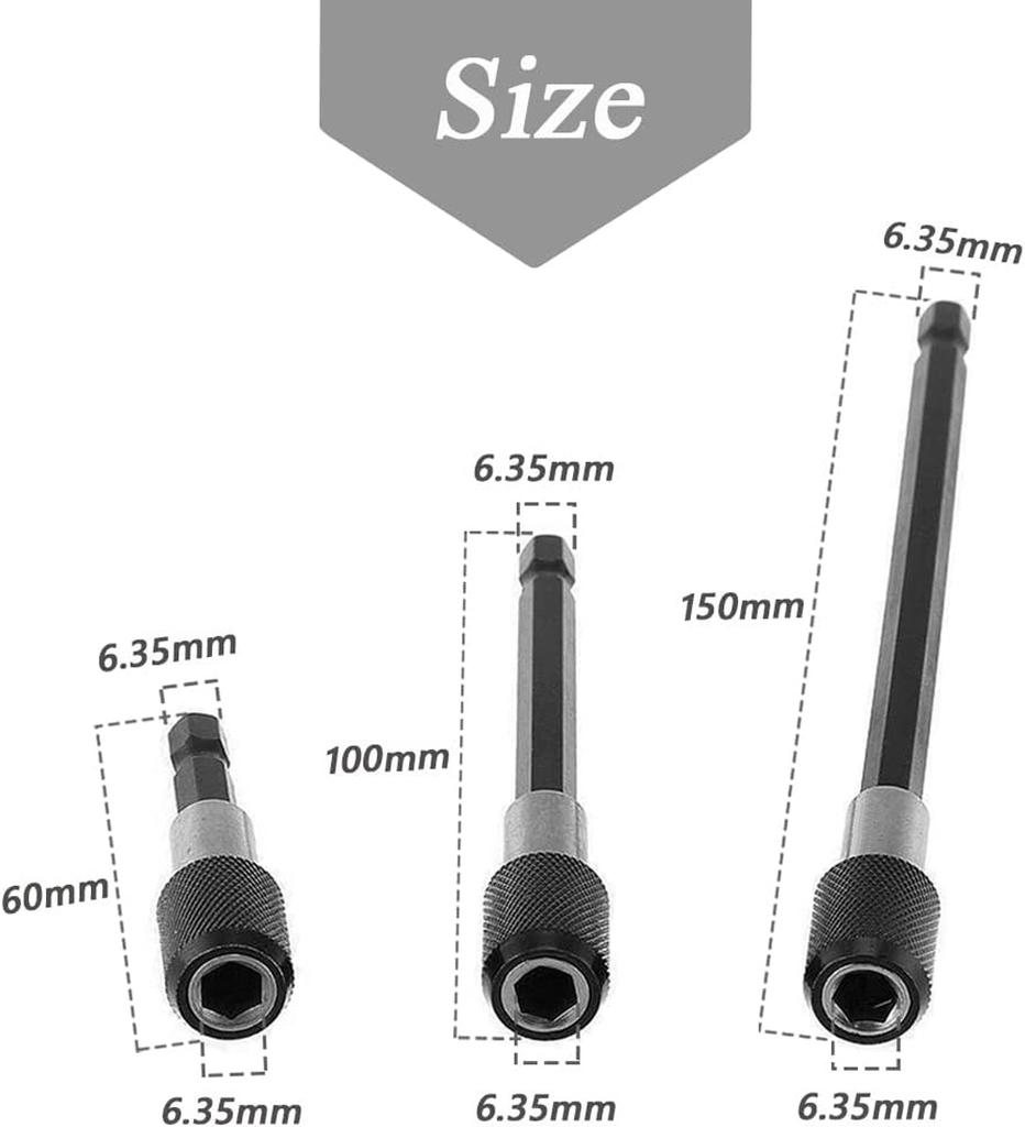 3PCS 60-150mm 1/4 Inch Quick Hex Shank Release Magnetic Electric Screwdriver Extension Bit Holder 60/100/150mm Extension Rod