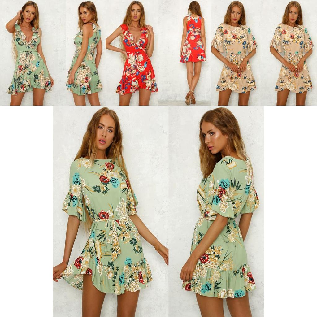 Stylish Womens Mini Ladies Dress Floral Print Ruffle V Summer Beach Sundress For Every Occasion