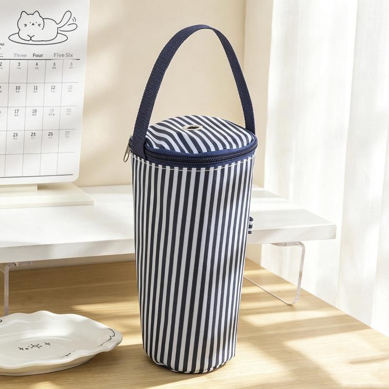 Thermal Lined Striped Tumbler Bag with Handle Insulated Water Bottle Carrier for Commuting Outdoor Activities