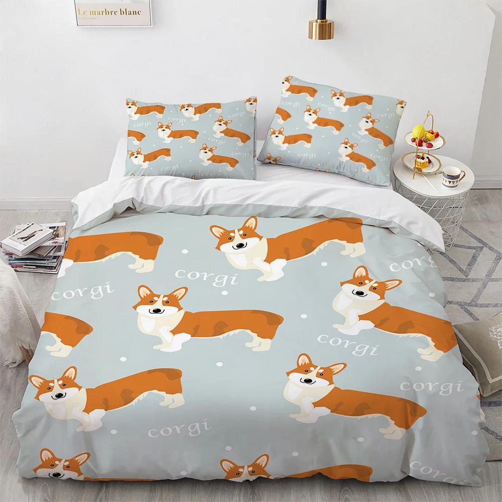 Corgi Dog King Queen Duvet Cover Yellow Cartoon Puppy Bedding Set for Kids Boys Girls Kawaii Pet Animal Pink 2/3pcs Quilt Cover