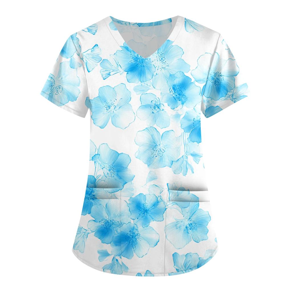 Nadměrná velikost Potištěný pracovní oděv Halenky pro dámský překřížený výstřih do V Potisk Krátký rukáv Zábavná trička Pracovní oděv Tričko s kapsami