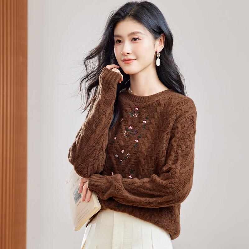 Women's 100% Merino Wool Round Neck Embroidered Cable Knit Sweater