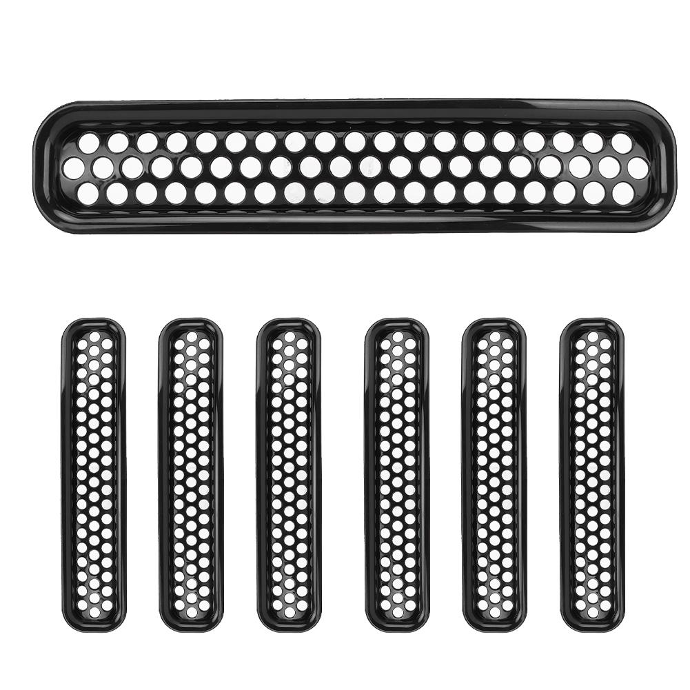 7pcs Clip On Front Mesh Grille Grill Inserts Black Color Fits for Jeep Wrangler