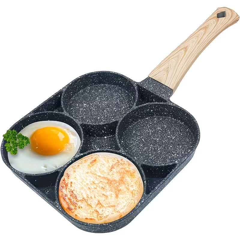 

4 Hole Non Stick Frying Pan Egg Pancake Pan Multifunctional Breakfast Cooking Pan with Wooden Handle for Gas and Induction Cooktop