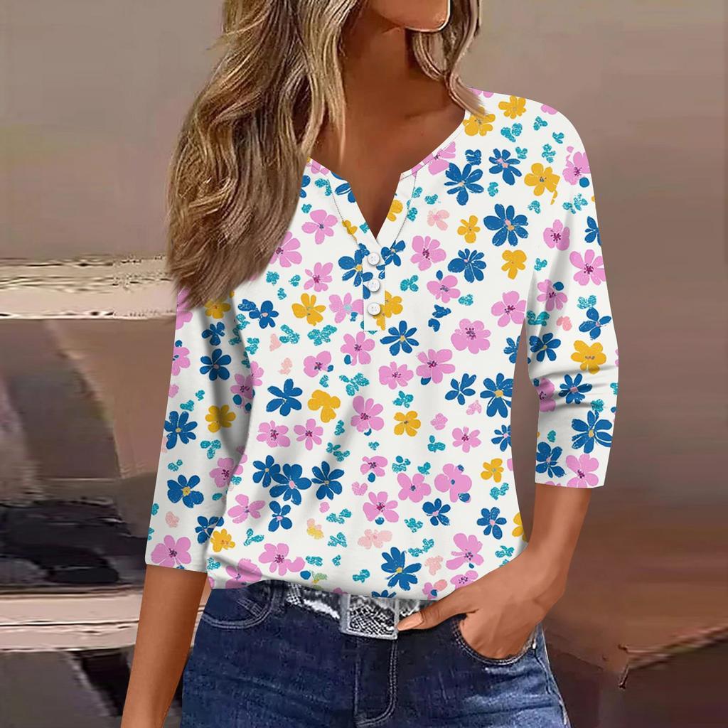 Women's T Shirt Tee Print Button 3/4 Sleeve Daily Weekend Fashion Basic V Neck Regular Top