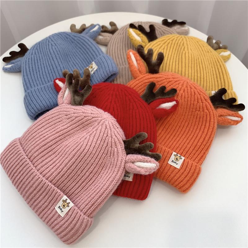 Kids Christmas Cap Cute Elk Ear Baby Beanies Cartoon Antlers Toddler Crochet Bonnet 1-4 Year Children Winter Warm Woolen Knit Hat